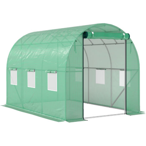 Serre verte 3x2x2 m en aluminium avec 6 fenêtres et porte roulante. Murs latéraux roulants résistants aux UV avec ancrage au sol.