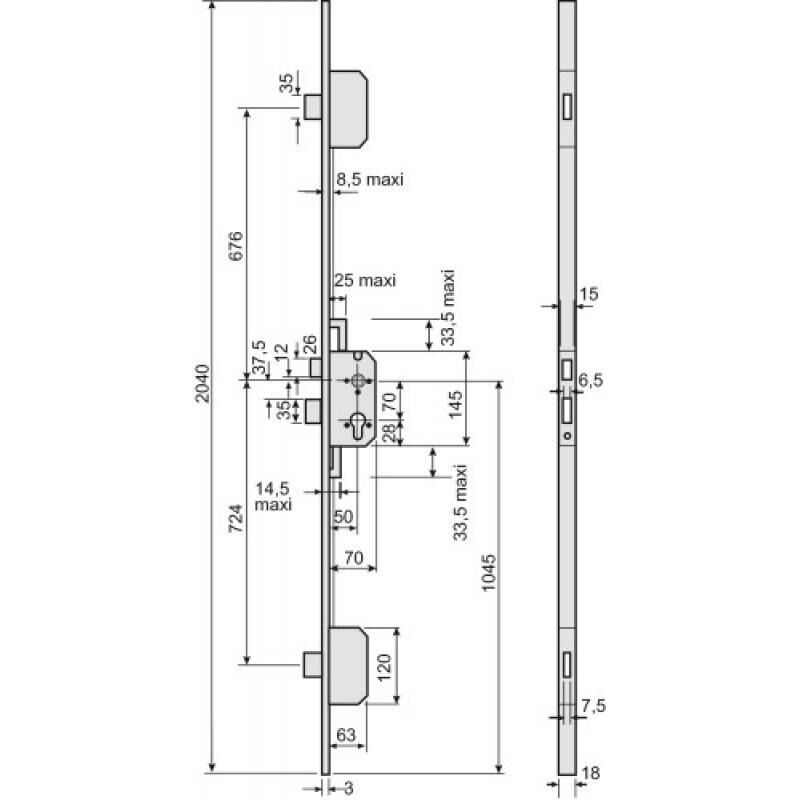 Serrure à larder 3 points à pênes rectangulaires têtière bouts carrés 2040 mm Trilogia® II - MÉTALUX
