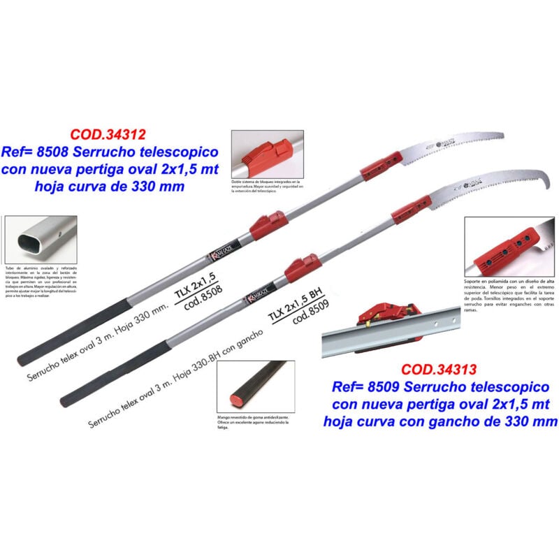Scie Télescopique 2x1,5 m Courbe avec Crochet 330 et Perçage Ovale 8509 - Kamikaze