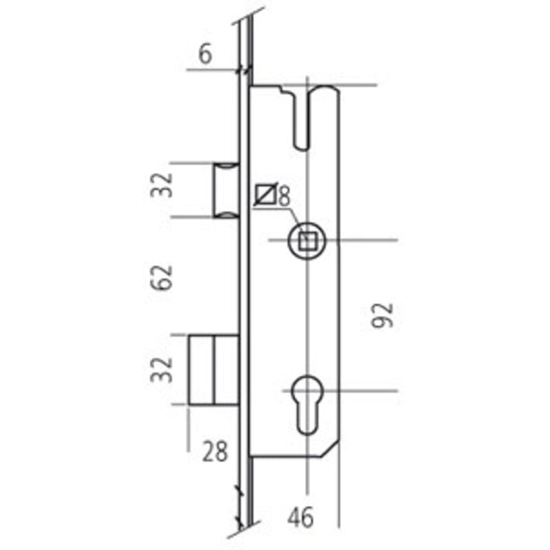 Serrure 1 point à clé 803 - Axe de fouillot (mm) : 35 - Finition : Inox - Têtière (mm) : u 24 x 6 Fuhr