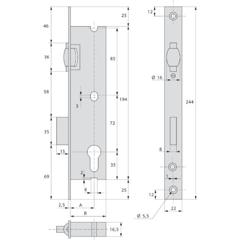 Serrure 1 point cylindre pêne dormant à rouleau 36 mm - STREMLER - 2264.36.0