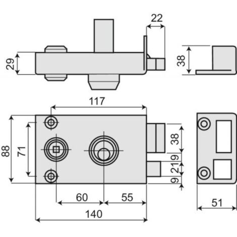 JPM – Serrure de sûreté horizontale à fouillot – Cylindre de sûreté 5 goupilles Ø 23mm – 3 clés fournies – Dimensions coffre 140x88mm