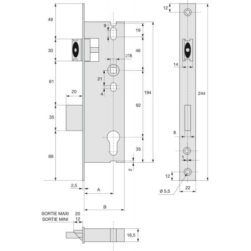 Serrure à larder à pêne réglable - Clé i - Axe à 32 mm - Série 2560 Stremler