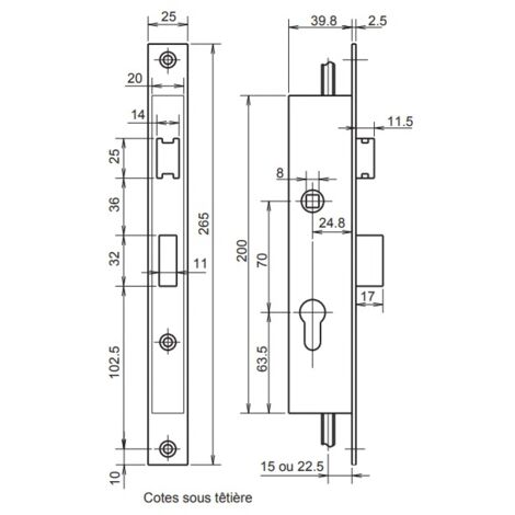 Serrure 3 points coffre 36/40 axe des tringle à 22 - METALUX - F136404000