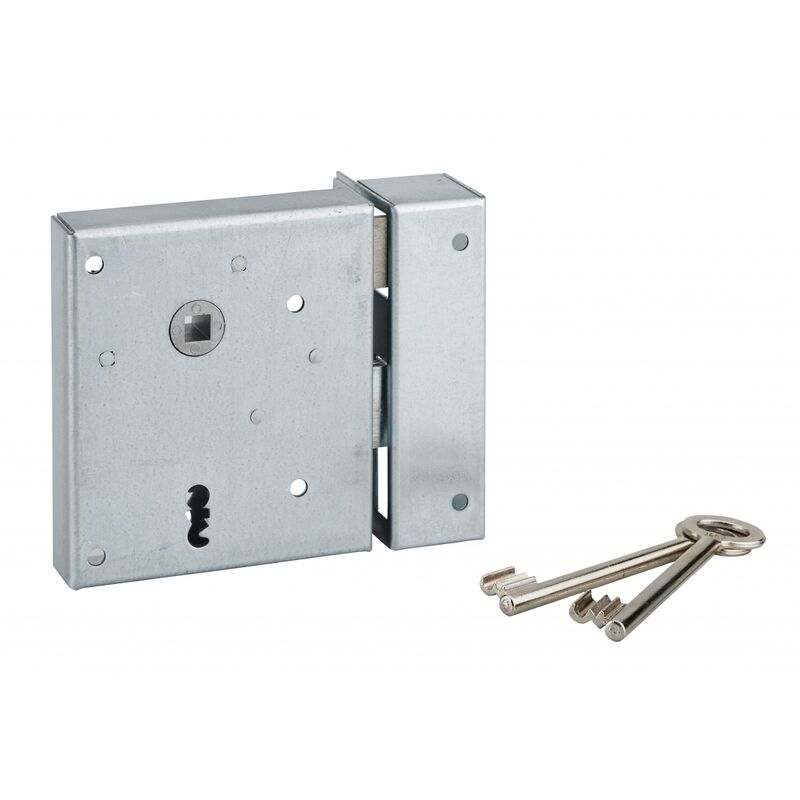 Serrure en applique Alsace à clé à fouillot pour porte int., droite tir., carré 8mm, axe 60mm, 110x70mm, 2 clés