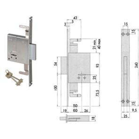 Serrure à double panneton avec tête en acier galvanisé pour profilés en fer CISA 57226 - Modèle Entrée 50 mm. - 3 points de verrouillage
