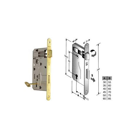 Serrure à douille à mortaise bord rond laitonné - bord acier laitonné 30 mm