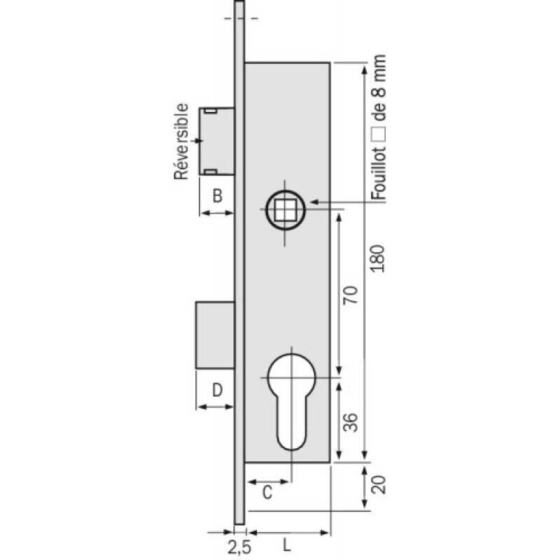 Serrure à larder 1 point pêne dormant, 1/2-tour allongés à cylindre européen axe 24,5 mm pour gâche électrique Métalux 7 - métalux