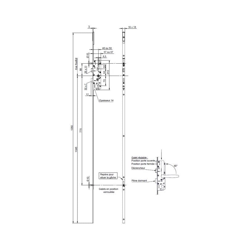 Serrure 4 points série 20500 pêne dormant 1/2 tour têtière 2150x16mm axe 50mm gauche Vachette 13441000