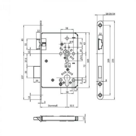 Serrure à larder 55 mm – Têtière inox 18 mm – Carré 8 mm – Bouts ronds – Condamnation gauche – Pour portes intérieures – BKS