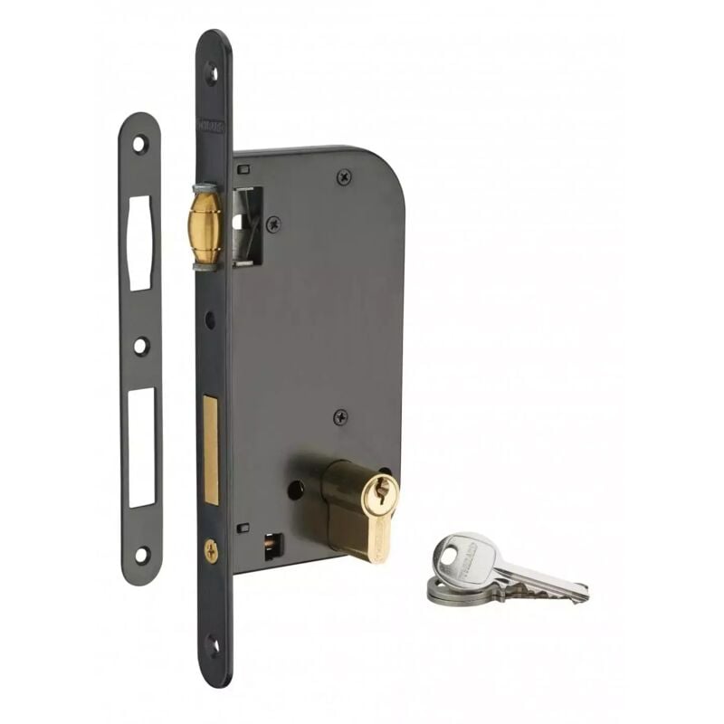 Serrure encastrable à rouleau pour porte d'entrée, axe 50mm, cylindre 30x30mm, bouts ronds, noir, 3 clés