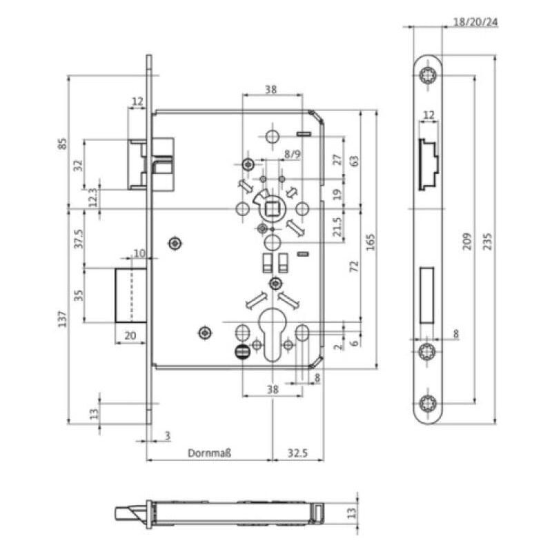 Serrure à larder à cylindre type BKS 515 axe 55 mm entraxe 72 mm carré 8 mm têtière inox de 235 x 18 x 3 mm Din gauche BKS