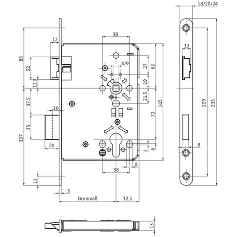 Serrure à larder axe à 55 mm carré de 8 mm têtière de 18 mm bouts ronds condamnation droite - bks