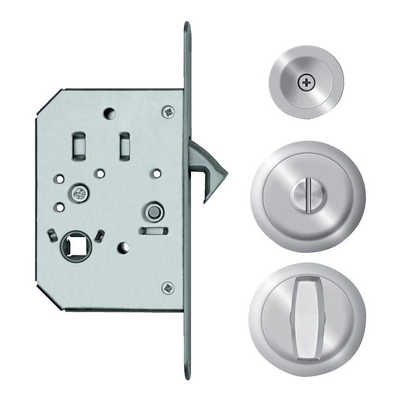 Serrure à larder rosace ronde pour porte coulissante avec manœuvres de condamnation usinage ø 48 mm inox satiné Karcher Design
