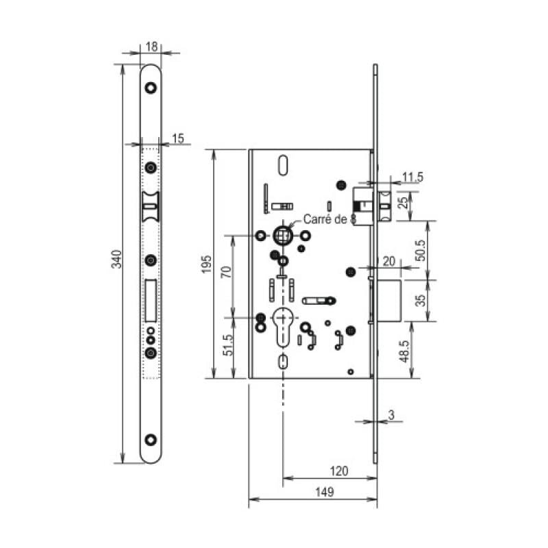 Serrure à larder type 'pmr' axe à 120 mm sûreté à cylindre européen - métalux