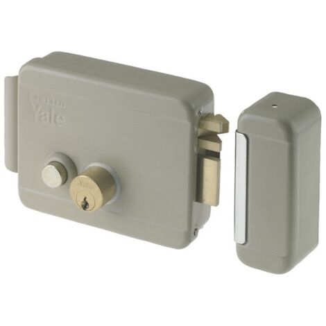 Serrure A lectrique Yale pour portails boA te A  droite EntrA e 130 x 105 mm Bouton-poussoir A  cylindre intA rieur et extA rieur de 50 mm Verrou autobloquant complet avec contre-plaque d&39auvent