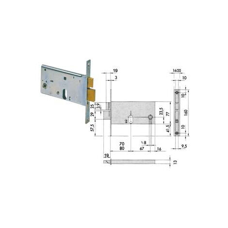 Serrure à mortaise pour bandes à pêne dormant et pêne demi-tour 77 mm H 44460 - 70 mm avec façade 16 mm (44460700)