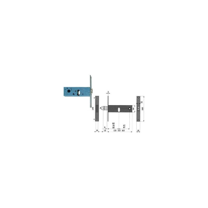 Serrure à mortaiser pour bandes à pêne dormant et pêne demi-tour 44mm h - 60mm entraxe 47mm (390)