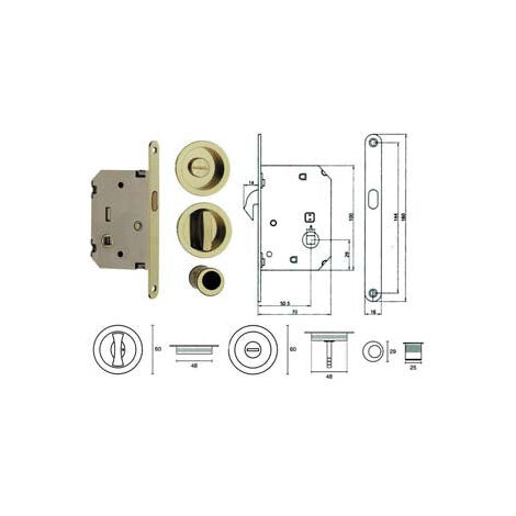 Serrure à mortaiser pour portes coulissantes ronde or poli - façade 50 mm avec gâche dorée brillante. (E0262N51)