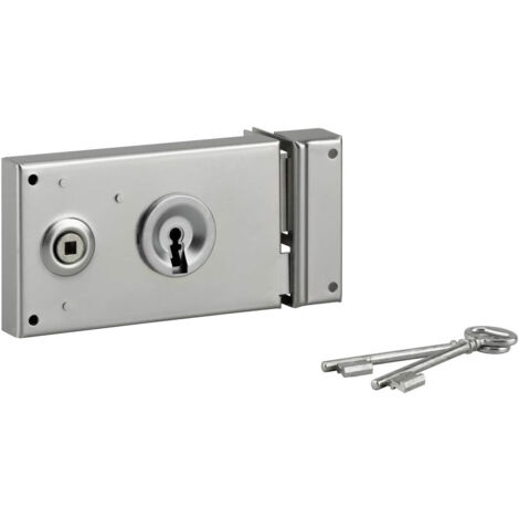 Serrure applique horizontale gauche 140x82mm – Tension 12V – Manoeuvrage clé – Protection anti-corrosion – Métal chromé – Ateliers 28