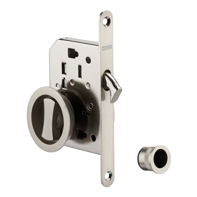 Serrure à crochet pour porte coulissante - Axe : 50 mm - Décor : Chromé satiné - Modèle : Condamnation / Décondamnation - Version : c Thirard