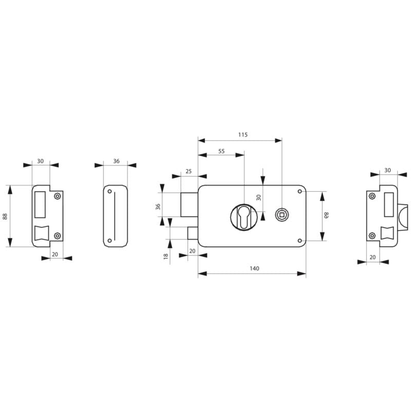 Boitier de serrure horizontale en applique double entrée à fouillot, gauche, axe 55mm, 140x88mm, noir