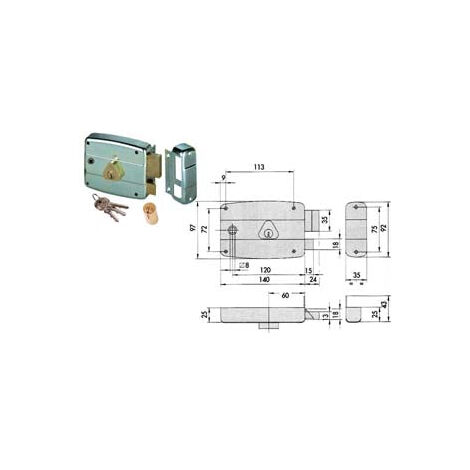 Serrure de porte carrée à pêne dormant et loquet à cylindre fixe 50471 - mm.60 DX (50471601)
