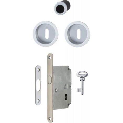 Serrure de porte coulissante à larder clé L fintion argent rosace ronde - HOPPE