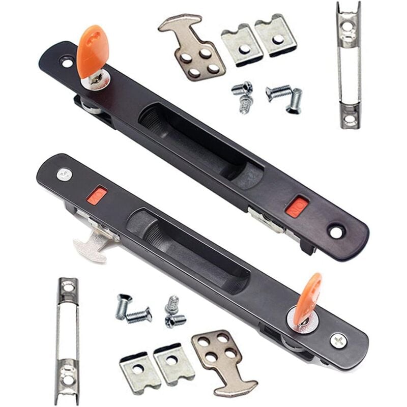 Serrure de porte coulissante, set de 2 poignées de porte coulissante en verre, montage encastré, clé, poignée invisible (noir+blanc)