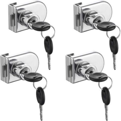 Serrure de Porte en Verre, 4 pièces Serrures à Came, Verrouillage de Sécurité de la Vitrine de l'armoire de Porte en Verre pour Porte en Verre de 5-8 mm Sans Perçage ( avec 8 clés)