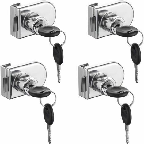 Serrure de porte en verre, chromée, antirouille. Serrure de sécurité de haute précision, facile à installer sans perçage, adaptée à une porte en verre de 5 à 8 mm sans perçage (4 pièces avec 8 clés)