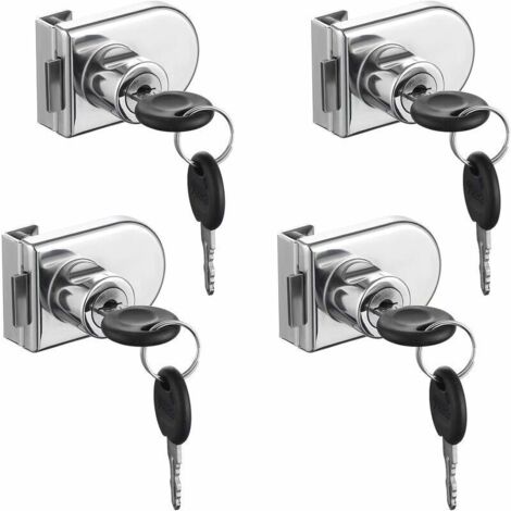 Serrure de porte en verre, chromée, antirouille. Serrure de sécurité de haute précision, facile à installer sans perçage, adaptée à une porte en verre de 5 à 8 mm sans perçage (4 pièces avec 8 clés)