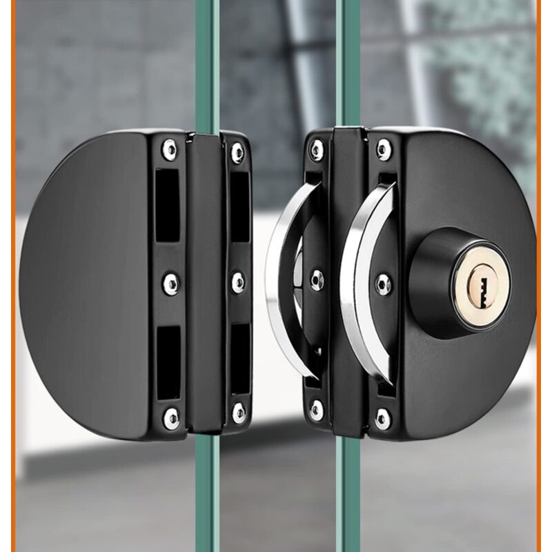 Serrure de porte en verre en acier inoxydable sans perçage Serrure de porte en verre centrale Double porte coulissante en verre Noir npterbl
