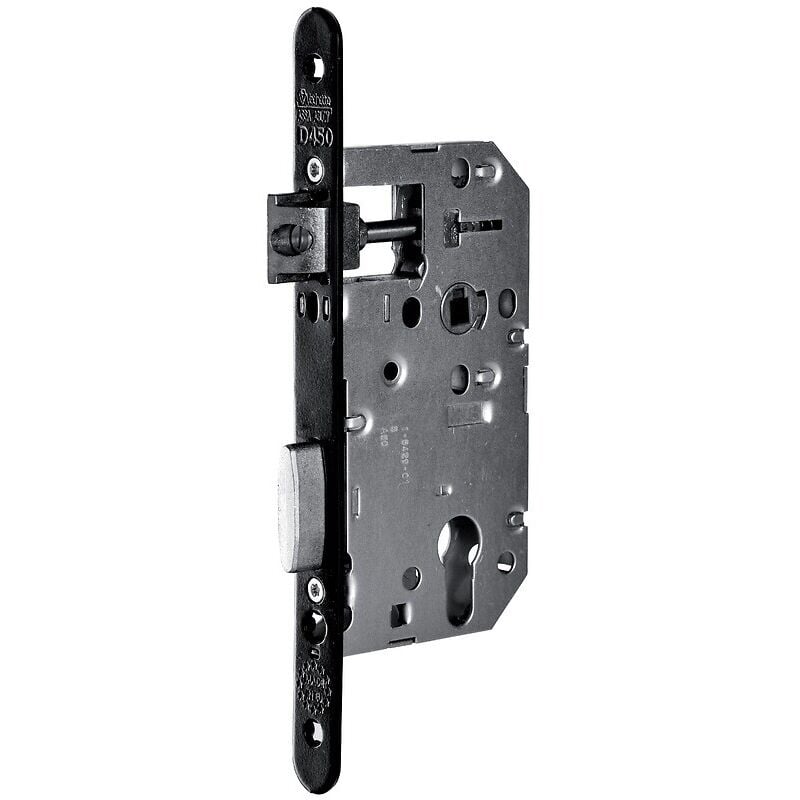 Serrure à larder type D450 pr pour grille avec demi tour réglable à cylindre axe à 50 mm, entraxe 70, avec gâche. Vachette