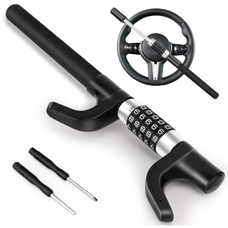 Serrure de volant de voiture à combinaison à 5 chiffres, serrure de volant à code à code à code rétractable, sans clé, robuste, antivol universel