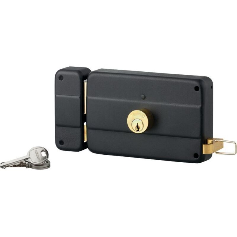 Serrure horizontale en applique double entrée à tirage pour porte d'entrée, gauche, 140x90mm, axe 70mm, noir, 3 clés