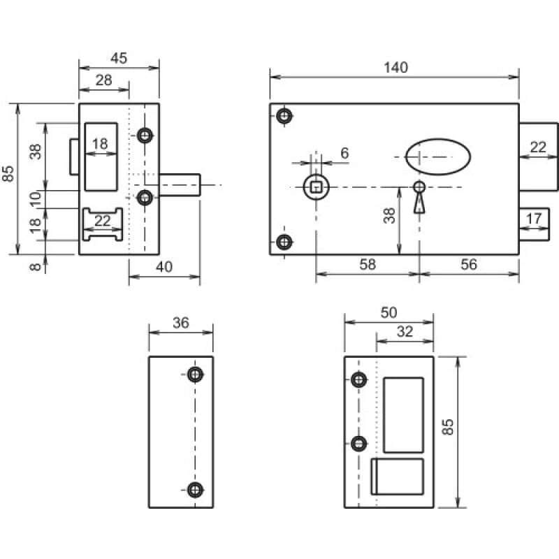Serrure en applique horizontale à fouillot - Pêne dormant et demi-tour - 6 gorges - 732 main droite - métalux
