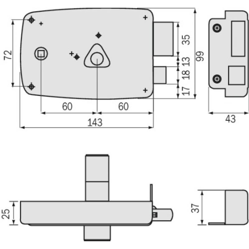 JPM - Serrure en applique horizontale à fouillot - Pêne dormant et demi-tour - a cylindre rond - Match main gauche