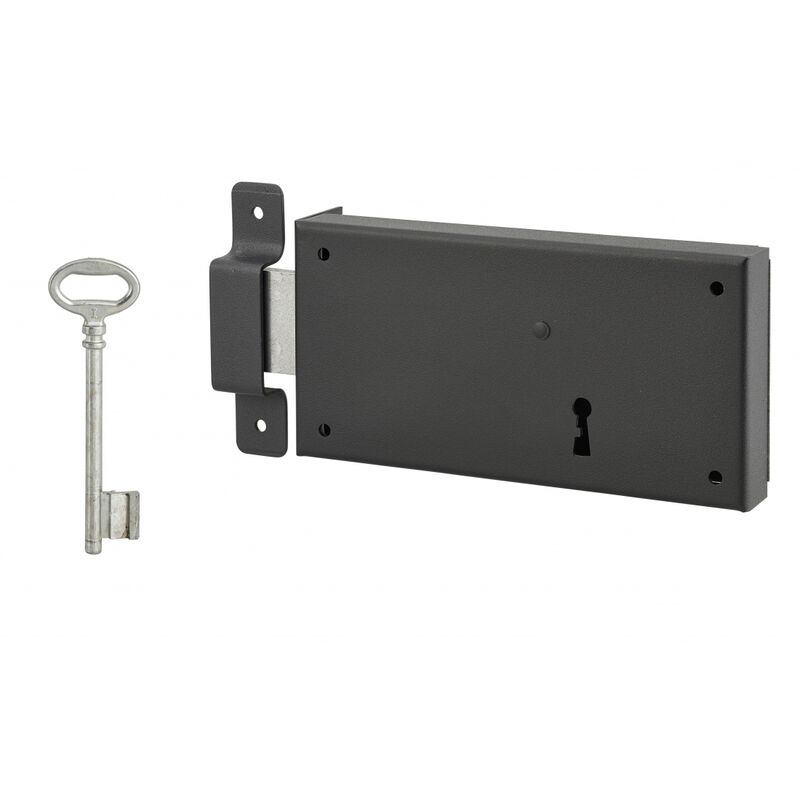 Serrure horizontale en applique à clé pour porte de cave, pêne seul, gauche, axe 105mm, 160x80mm, noir, 1 clé