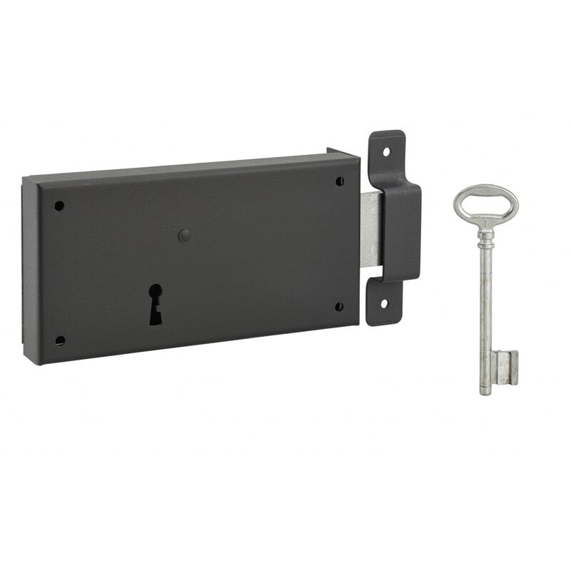 Serrure horizontale en applique à clé pour porte de cave, pêne seul, droite, axe 105mm, 160x80mm, noir, 1 clé - Noir