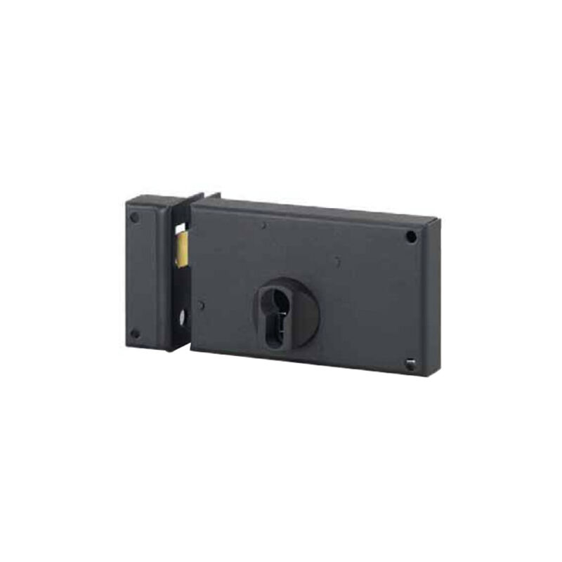 Boitier de serrure horizontale en applique double entrée à crochet pour portail, gauche, axe 60mm, 140x83mm, noir