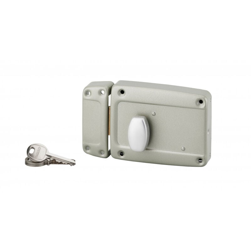 Serrure en applique pour porte de garage, 120x90mm, gauche, bouton poussoir, cylindre 55mm et poignée, laqué gris