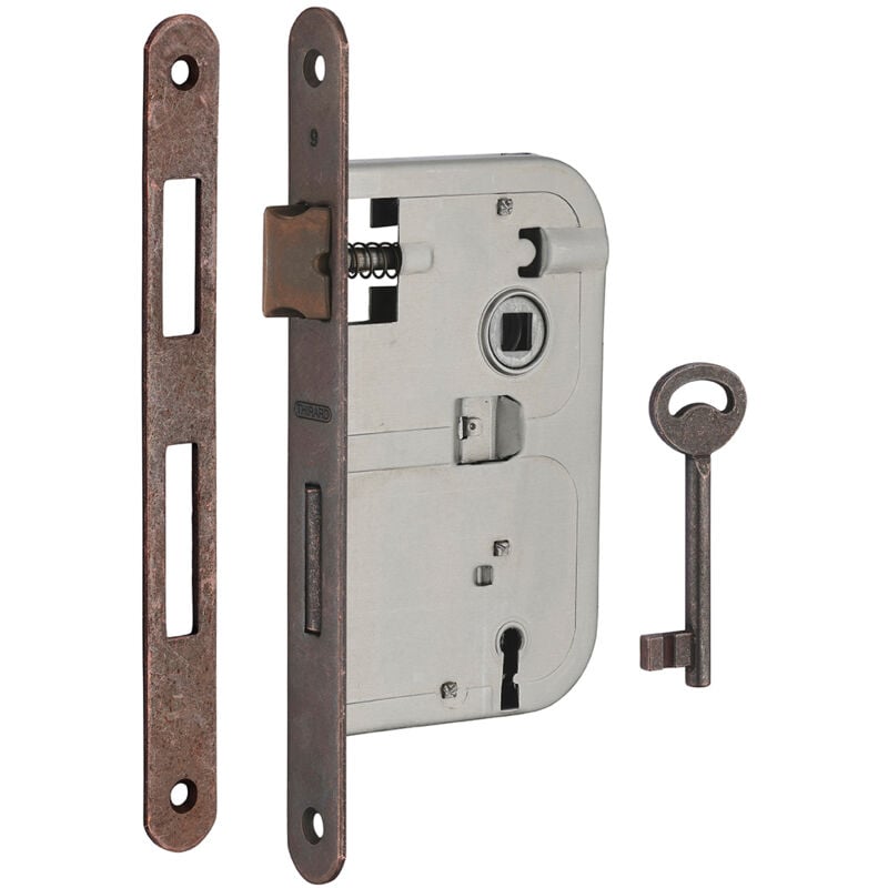 Serrure encastrable à clé pour porte de chambre, axe 50mm, bouts ronds, bronze, 1 clé
