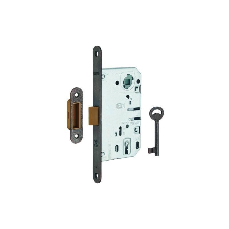 Serrure encastrable à clé pour porte de chambre, axe 50mm, bouts ronds, pene dormant, bronze