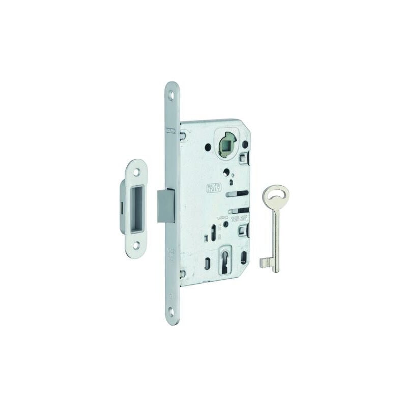 Serrure encastrable à clé pour porte de chambre, axe 50mm, bouts ronds, pene dormant, chrome