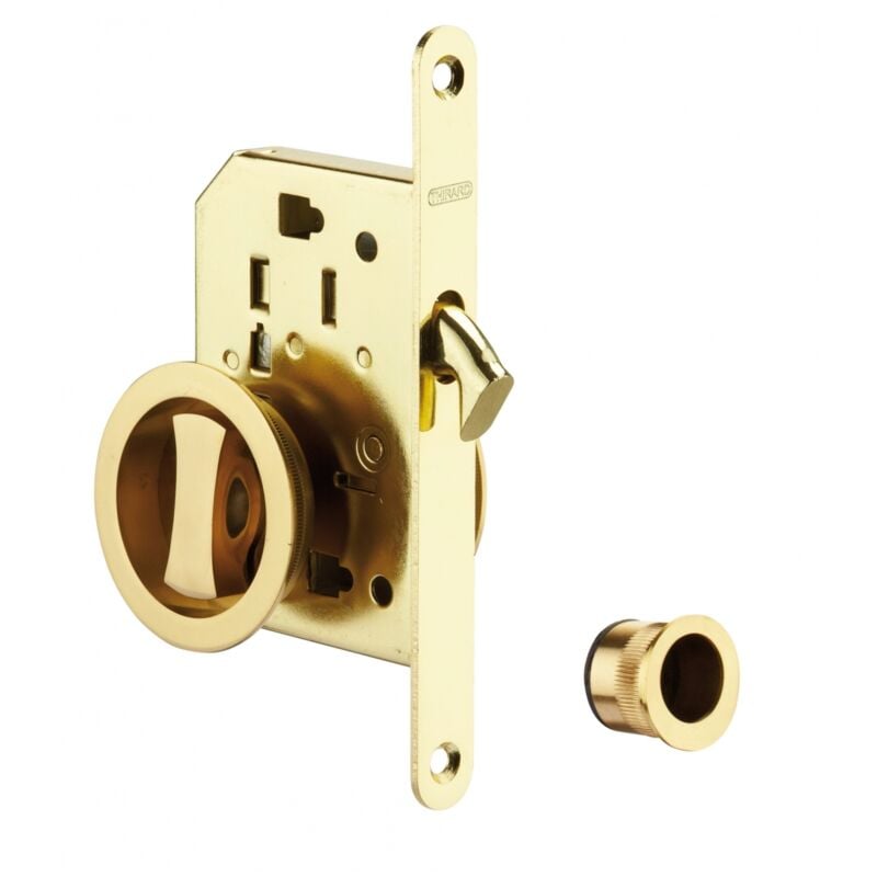 Serrure encastrable à crochet à condamnation pour porte coulissante, axe 50mm, bouts ronds, laiton