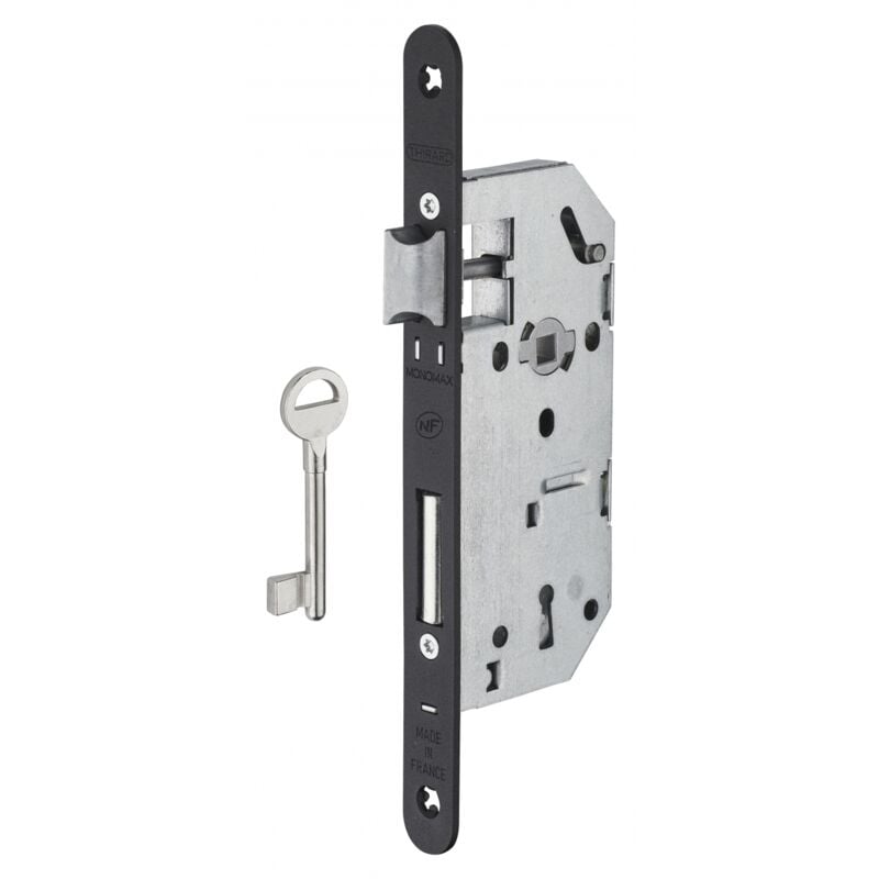 Serrure encastrable à clé pour porte de chambre, axe 45mm, bouts ronds, 2 clés