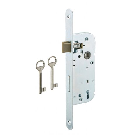 Serrure encastrable pour porte de chambre, axe 40mm, 2 tours, blanche, bouts ronds, 2 clés - SP