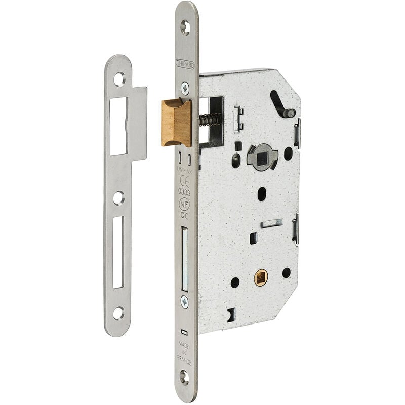 Serrure encastrable Unimax ce nf qc à condamnation pour salle de bain et toilette, axe 50mm, bouts ronds, têtière inox