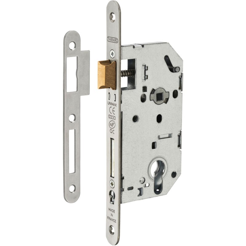 Serrure encastrable Unimax ce nf qc à cylindre pour porte d'entrée, axe50mm, bouts ronds, têtière inox